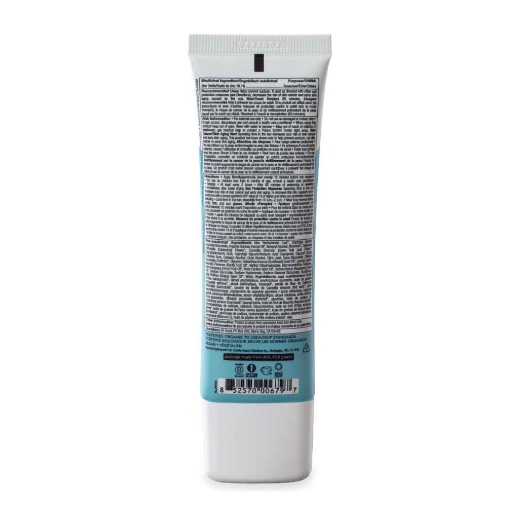 All Good Mineral Facial Sunscreen lotion, SPF 30, reef-safe, cruelty-free, organic ingredients - shown with back of bottle