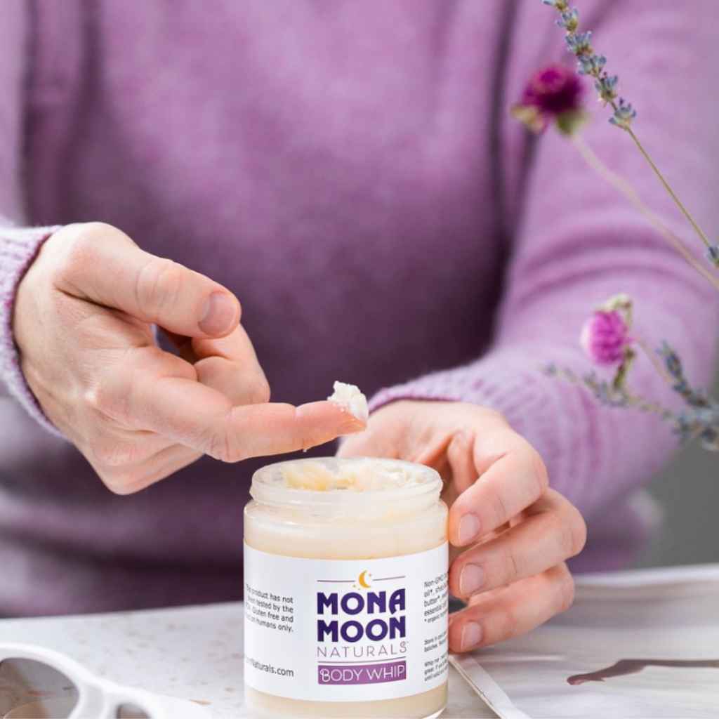 Mona Moon Naturals Body Whip intense all-natural skin moisturizer. 2oz jar. Made in Rochester, NY, USA. Woman owned business. 