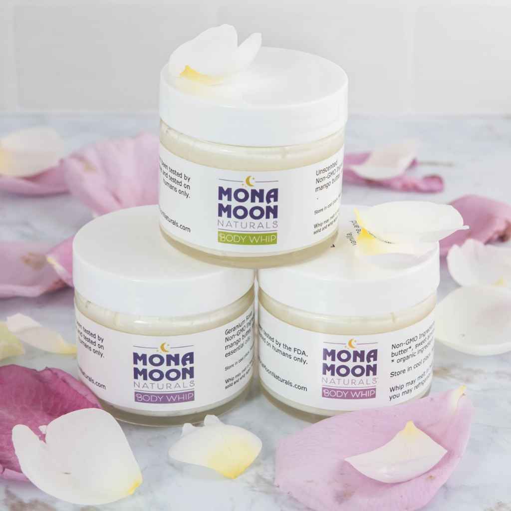 Mona Moon Naturals Body Whip intense all-natural skin moisturizer. 2oz jar. Made in Rochester, NY, USA. Woman owned business. 