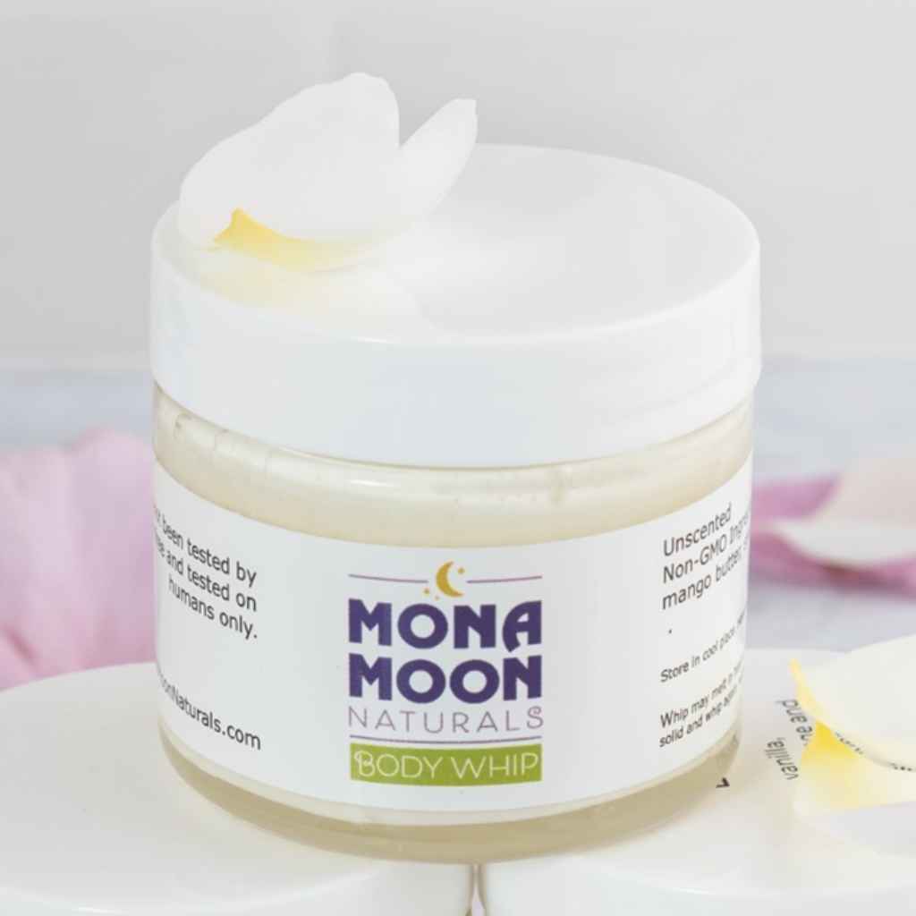 Mona Moon Naturals Body Whip, all-natural skin moisturizer, made in small batches in Rochester, NY, USA. 2oz glass recyclable jar. Woman owned business donates 10 percent of profits to Breast Cancer Coalition of Rochester NY.