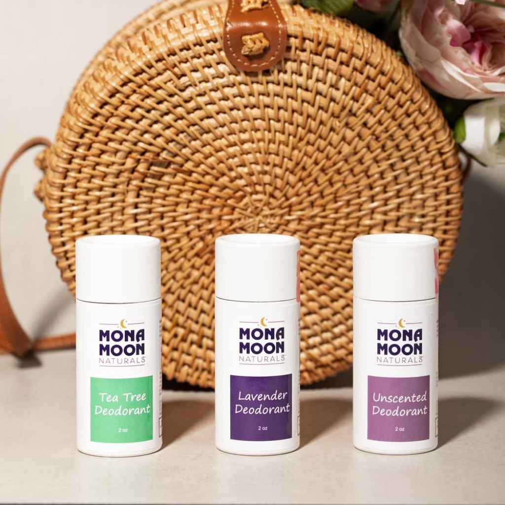 All-natural, aluminum-free deodorant scented with Tea Tree oil by Mona Moon Naturals. Compostable container, woman-owned business. Benefits the Breast Cancer Coalition in Rochester, NY. Made in USA.