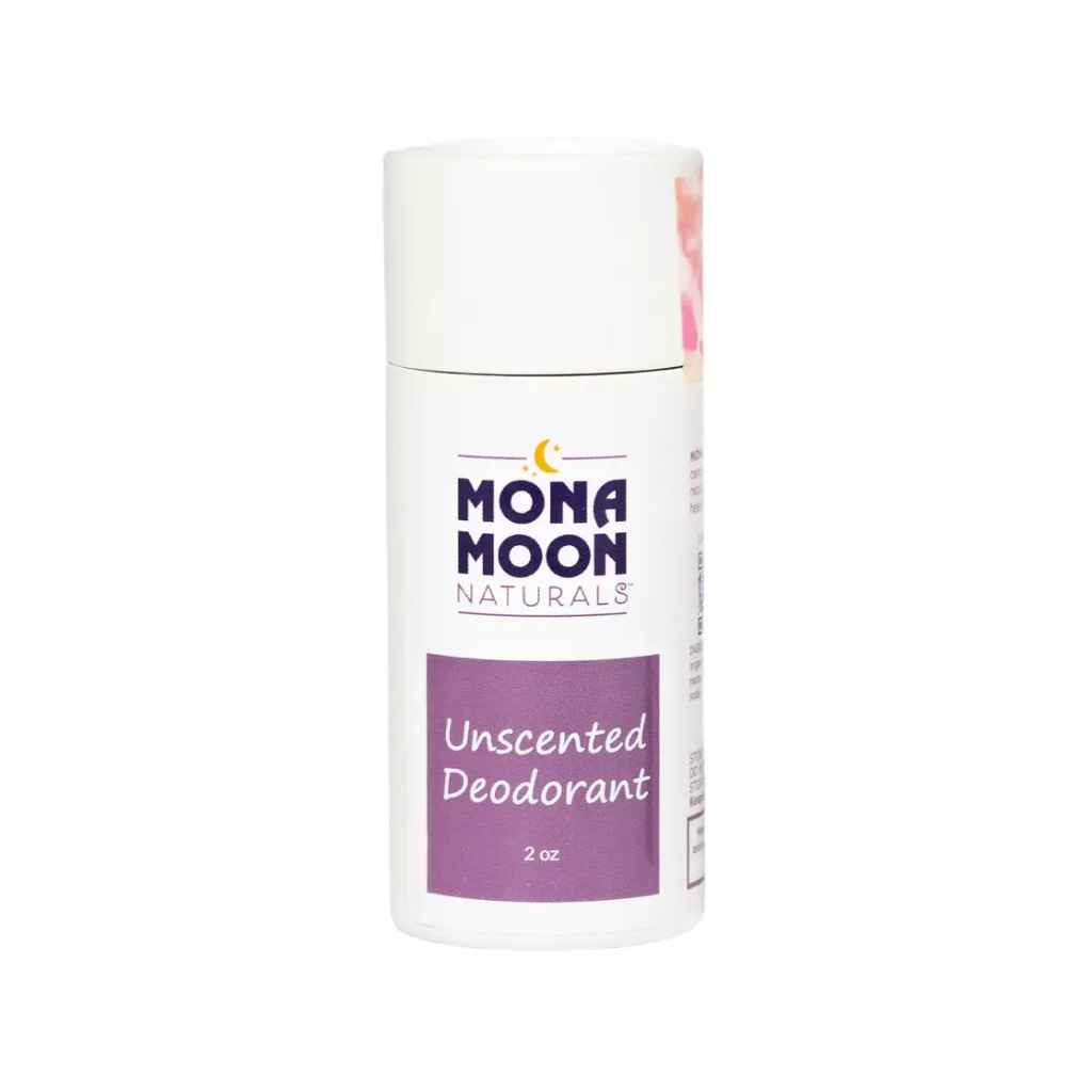 All-natural, aluminum-free, unscented deodorant by Mona Moon Naturals. Compostable container, woman-owned business. Benefits the Breast Cancer Coalition in Rochester, NY. Made in USA. 