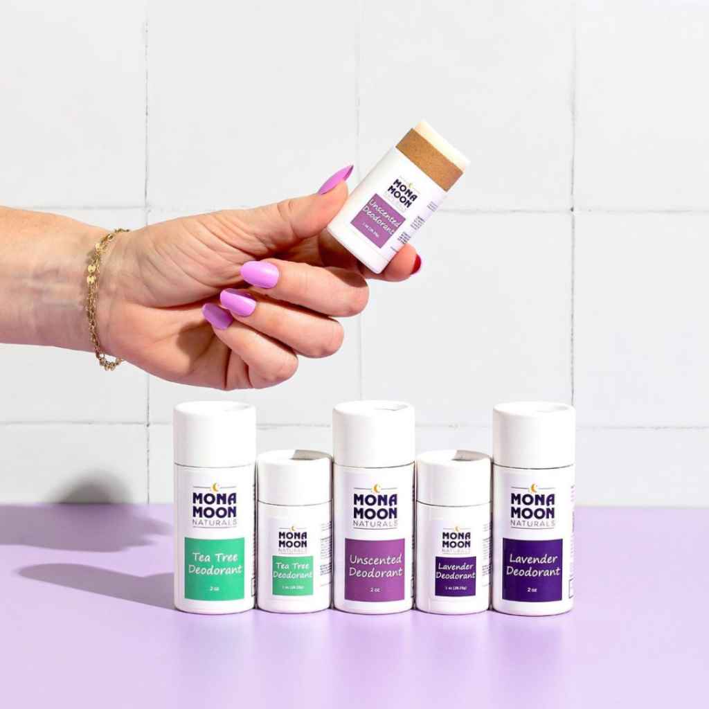 All-natural, aluminum-free, deodorant by Mona Moon Naturals. Compostable container, woman-owned business. Benefits the Breast Cancer Coalition in Rochester, NY. Made in USA.