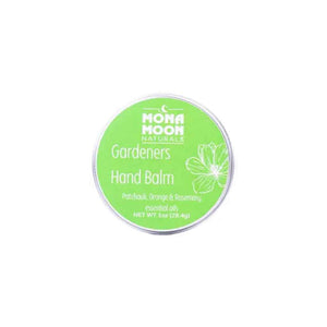Mona Moon Naturals Hand Balm in Gardeners scent, a blend of patchouli, sweet orange, and rosemary, in 1oz recyclable tin. Made in Rochester, NY, USA.