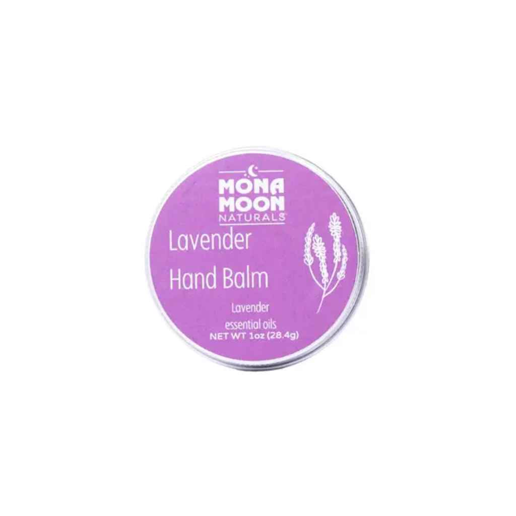 Mona Moon Naturals Hand Balm in Lavender scent, with organic lavender essential oil, in 1oz recyclable tin. Made in Rochester, NY, USA.