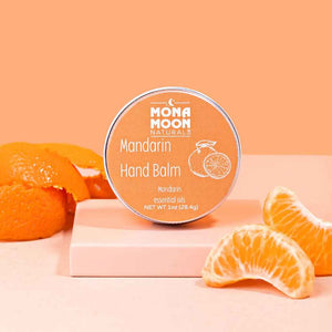 Mona Moon Naturals Hand Balm in Mandarin with scent, with Organic Mandarin Essential Oil, in 1oz recyclable tin. Made in Rochester, NY, USA.