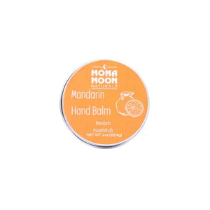 Mona Moon Naturals Hand Balm in Mandarin with scent, with Organic Mandarin Essential Oil, in 1oz recyclable tin. Made in Rochester, NY, USA