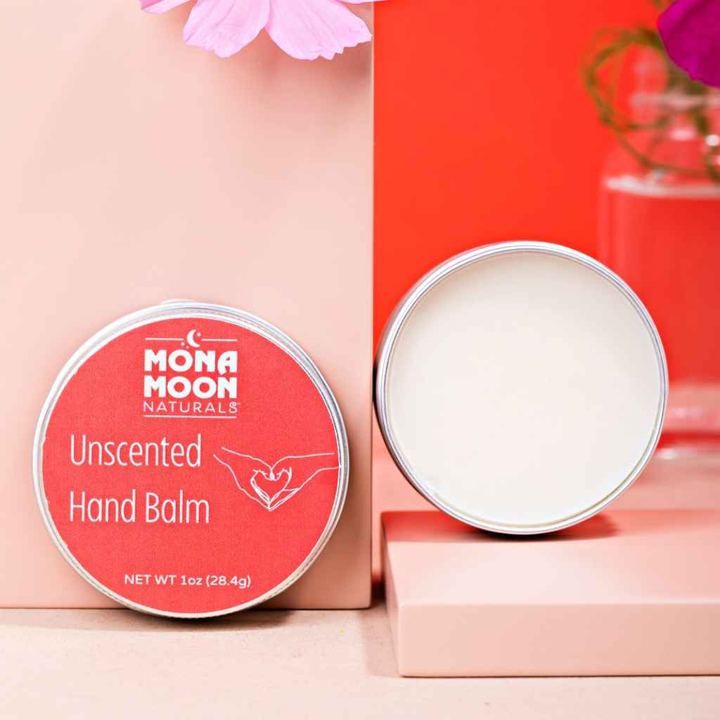 Mona Moon Naturals Hand Balm unscented in 1oz recyclable tin. Made in Rochester, NY, USA.