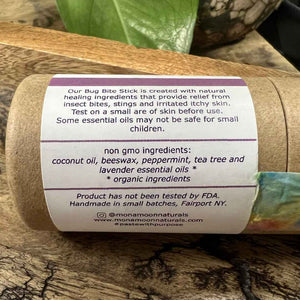 Mona Moon Naturals bug bite stick - natural itch relief for kids and sensitive skin. 1.25 oz paper tube. Made in USA. - back label with ingredients and instructions
