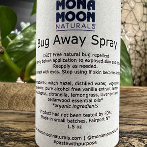 Mona Moon Naturals Bug Away all-natural chemical-free DEET-free bug repellent spray. 1.5oz, made with essential oils. Hand made in Fairport, NY.
