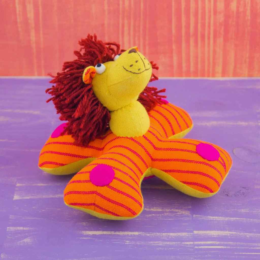 bright orange, yellow, red stripe pink dots plush lion rattle with small mirror by Mr. Ellie Pooh, benefits elephants