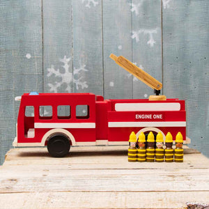 red wooden fire truck with 6 toy firefighter figurines