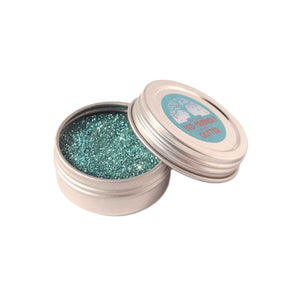 open tin container of turquoise Eco-Friendly Glitter made by Natural Earth Paint
