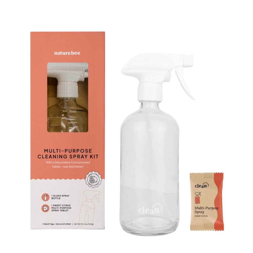Nature Bee Multi-Purpose Cleaning Spray Kit with 1 glass bottle and 1 concentrated cleaner tablet that dissolves in water. Sweet Citrus scent.
