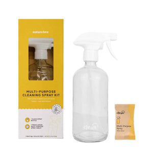 Nature Bee Multi-Purpose Cleaning Spray Kit with 1 glass bottle and 1 concentrated cleaner tablet that dissolves in water. Fresh Lemon scent.