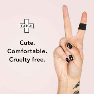  A graphic of a hand wearing a black bamboo bandage on one finger (in the peace sign), with the words Cute, Comfortable, Cruelty Free. by PATCH