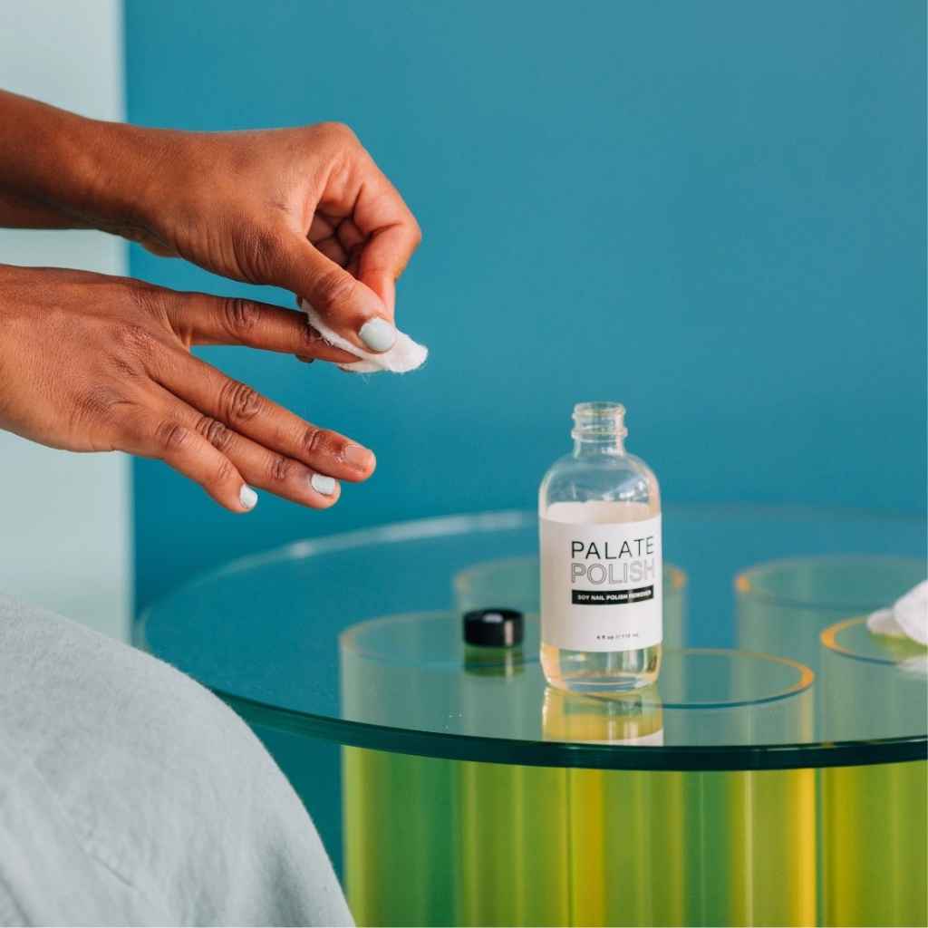 Soy-Based Nail Polish Remover in 4oz glass bottle made by Palate Polish. Made in USA, woman-owned business.