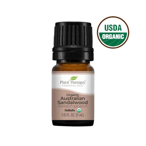 Organic Australian Sandalwood essential oil, KidSafe, USDA Organic. Made in USA. 5ml glass jar. Made by Plant Therapy.