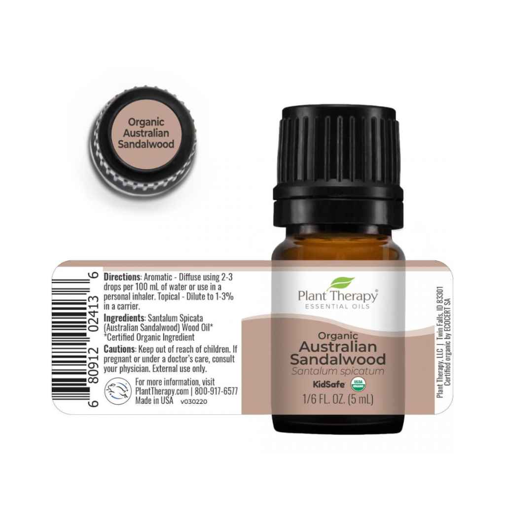 Organic Australian Sandalwood essential oil, KidSafe, USDA Organic. Made in USA. 5ml glass jar shown with back label ingredients.