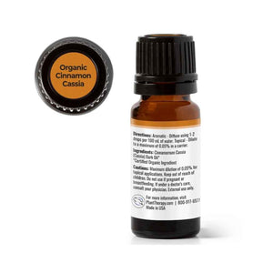 Organic Cinnamon Cassia essential oil, USDA Organic. Made in USA. 10ml glass jar. Made by Plant Therapy. Shown with back label and ingredient information.