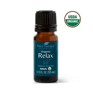 small bottle of Plant Therapy ORGANIC Relax essential oil blend. KidSafe