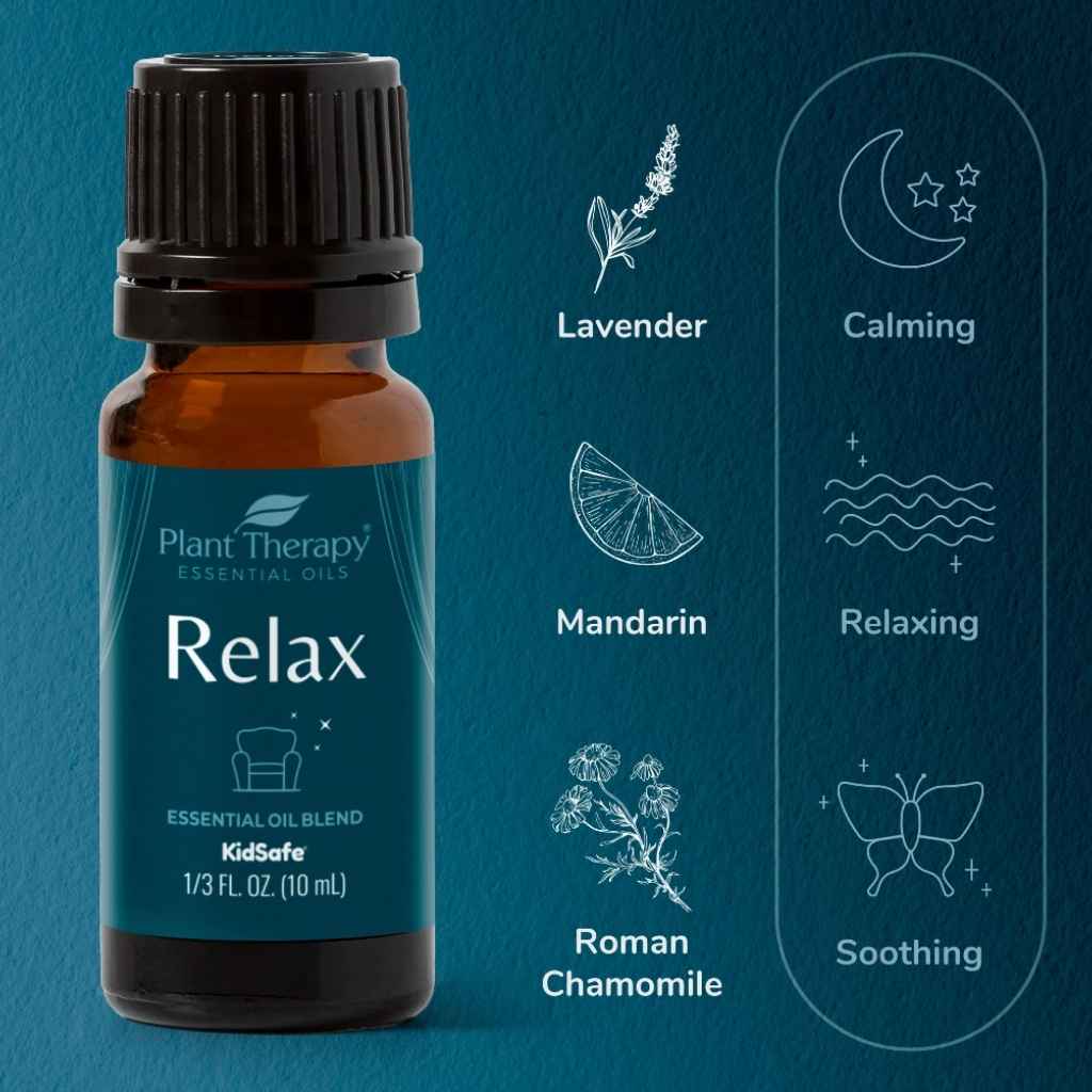 small bottle of Plant Therapy ORGANIC Relax essential oil blend. KidSafe