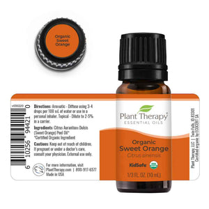 10 ML black bottle with orange label, USDA Certified organic sweet orange essential oil, ingredients and cautions visible