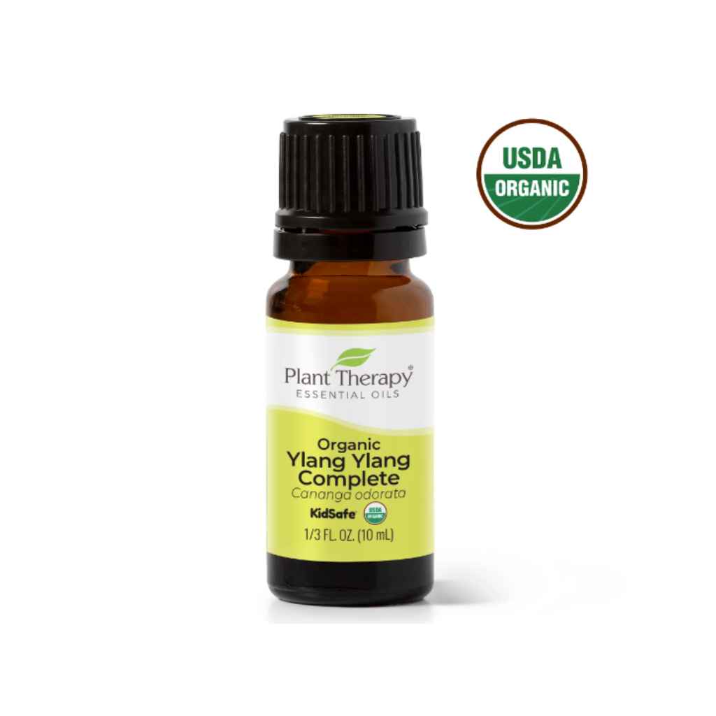 10 ml amber bottle with white and yellow label. organic ylang ylang essential oil blend by Plant Therapy