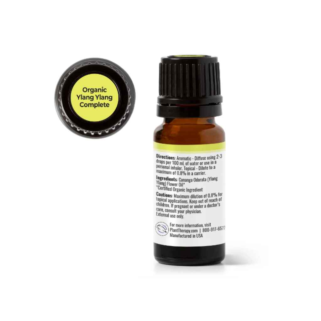 10 ml amber bottle with white and yellow label. organic ylang ylang essential oil blend by Plant Therapy