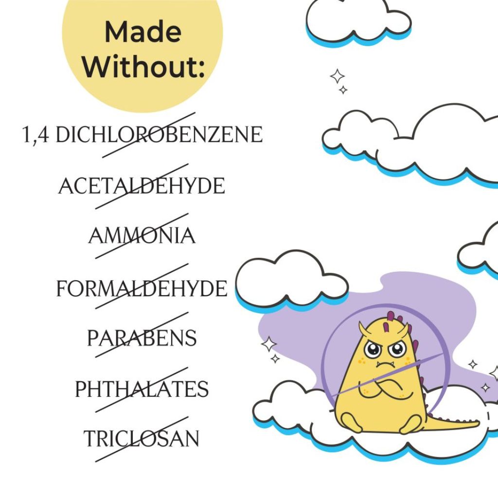 Monster Away Pillow Spray is MADE WITHOUT: 1,4 dichlorobenzene, acetaldehyde, ammonia, formaldehyde, parabens, phthalates, and triclosan