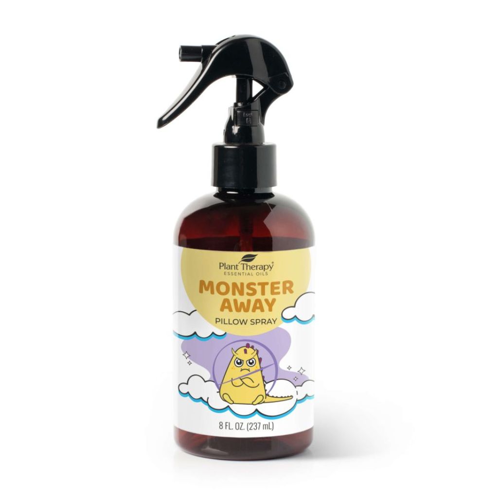 Plant Therapy MONSTER AWAY PILLOW SPRAY, 8oz spray bottle with Plant Therapy&#39;s KidSafe Sweet Slumber Essential Oil Blend with grounding Cedarwood and Vetiver, relaxing Ho Wood and Roman Chamomile, and Orange