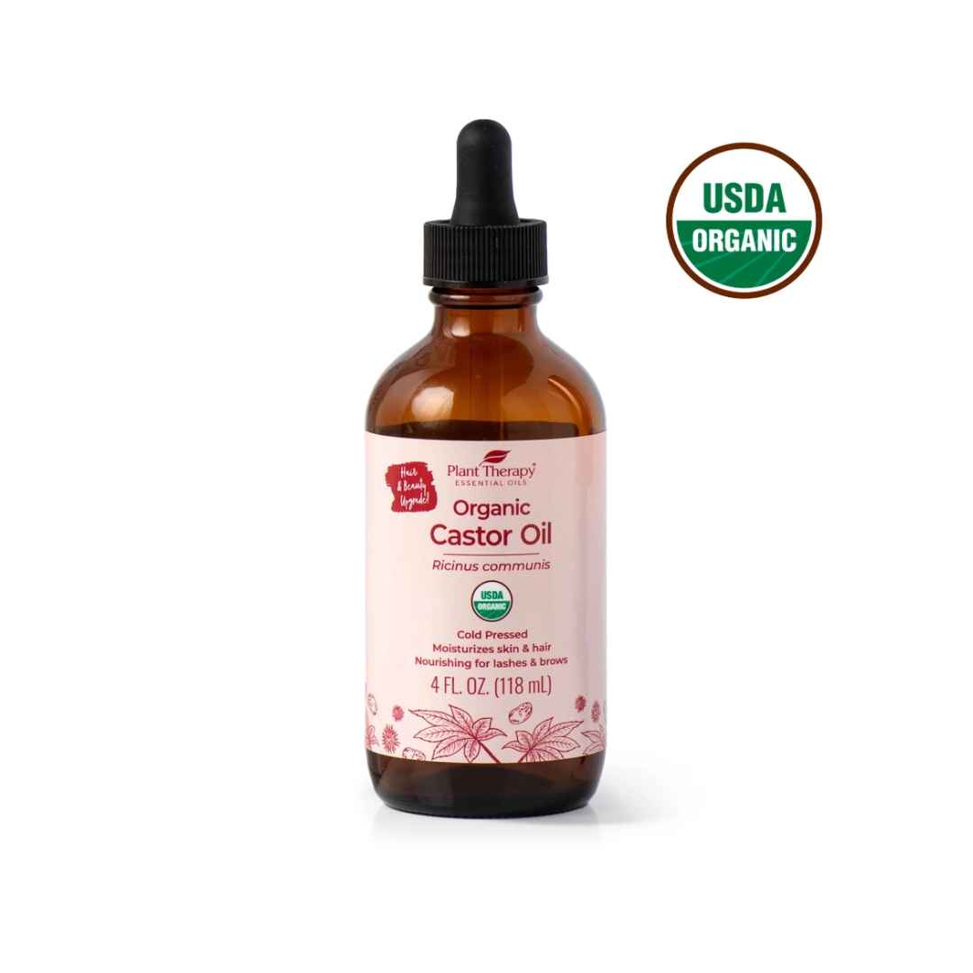 A 4oz dropper-bottle of Plant Therapy Organic Castor Oil, marked USDA Organic.