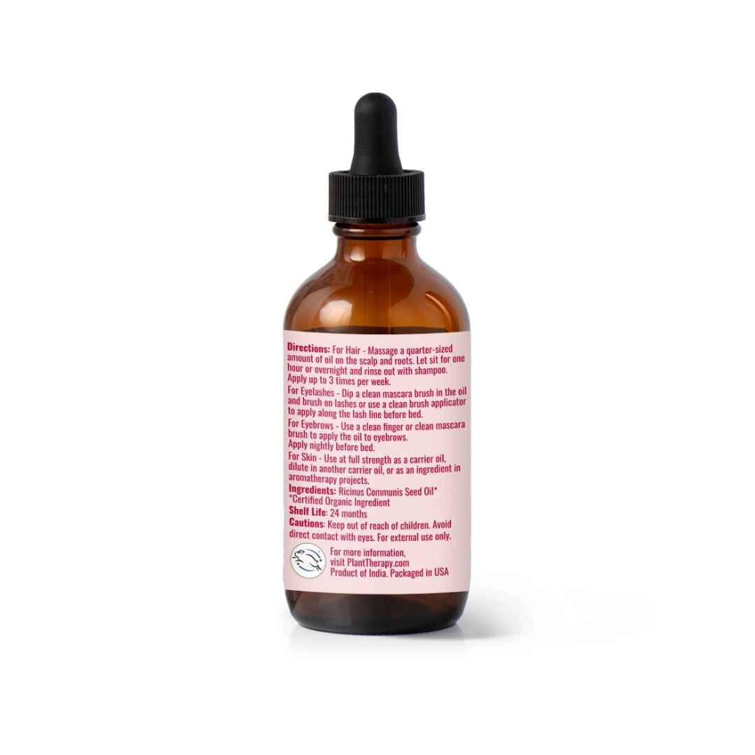 The back label on a 4oz dropper-bottle of Plant Therapy Organic Castor Oil, marked USDA Organic.