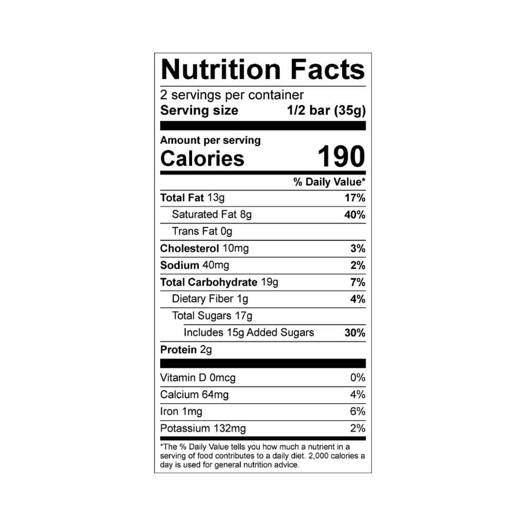 Nutrition Facts for Seattle Chocolate Company, Hot Buttered Rum Milk Chocolate Truffle Bar with a hint of classic hot buttered rum spices and crunchy bits of toffee. Contains no alcohol. 2.5oz. Rainforest Alliance Certified Cacao. Non GMO.