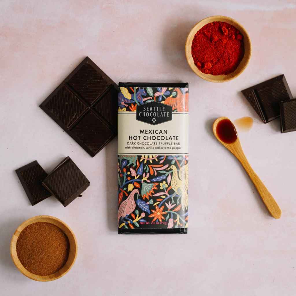 Seattle Chocolate mexican hot chocolate truffle bar with cinnamon, vanilla, and cayenne pepper, 2.5 oz. Kosher. Vegan. Woman-owned business. Made in USA