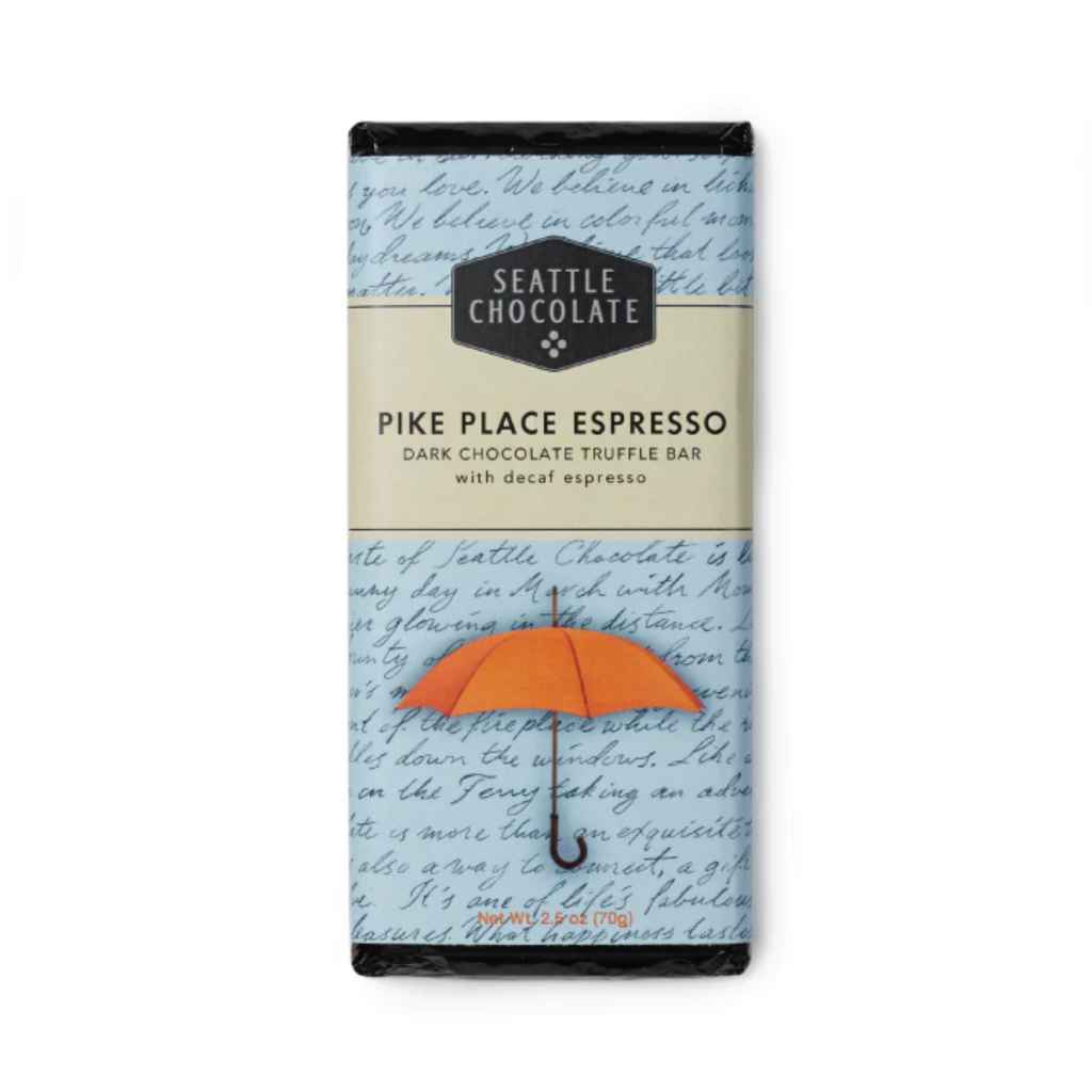 Seattle Chocolate Dark chocolate truffle bar infused with decaffeinated, deeply roasted and finely ground espresso, 2.5 oz. Kosher. Vegan. Woman-owned business. Made in USA