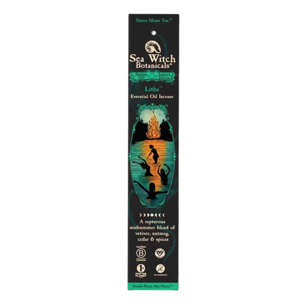 black vertical paper package with all-natural incense sticks made by Sea Witch Botanicals. Black package with green and orange design. Scent called Litha. 20 sticks.