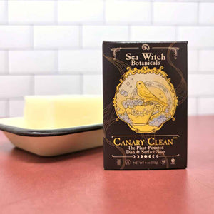 CANARY CLEAN All Natural Dish & Surface Soap - plant-based, plastic-free, made by Sea Witch Botanicals. Black box with yellow canary design shown on a countertop next to a bar in a soap dish