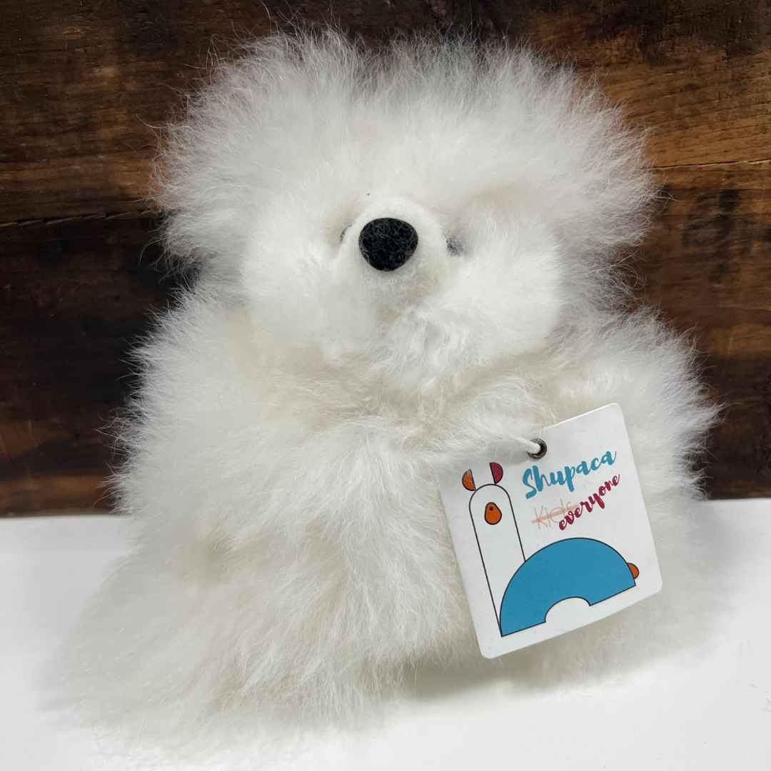 Shupaca stuffed bear, white, made of 100% baby alpaca fleece. 7&quot; tall