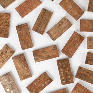 Handcrafted Wooden Domino Set from Ten Thousand Villages. made by Fair Trade artisans in India. Handcrafted from acacia wood and inlaid with brass.