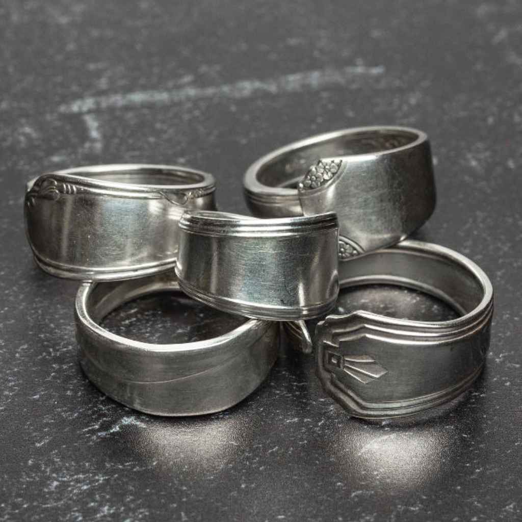 Silver plate Spoon rings made of reclaimed vintage cutlery. Sourced and hand-crafted in the USA by The Junk Girls.