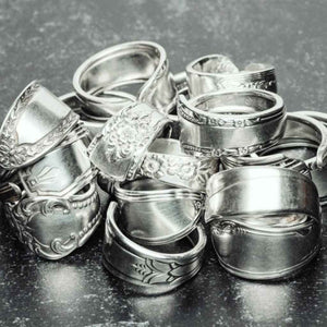 Silver plate Spoon rings made of reclaimed vintage cutlery. Sourced and hand-crafted in the USA by The Junk Girls. 