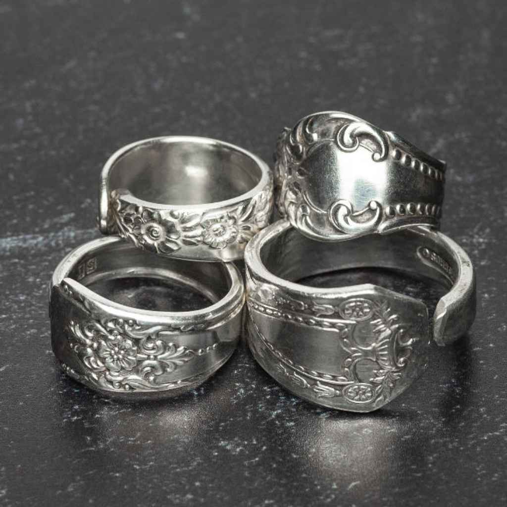 Silver plate Spoon rings made of reclaimed vintage cutlery. Sourced and hand-crafted in the USA by The Junk Girls. Each piece is unique!