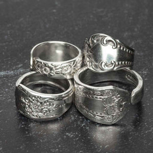 Silver plate Spoon rings made of reclaimed vintage cutlery. Sourced and hand-crafted in the USA by The Junk Girls. Each piece is unique!