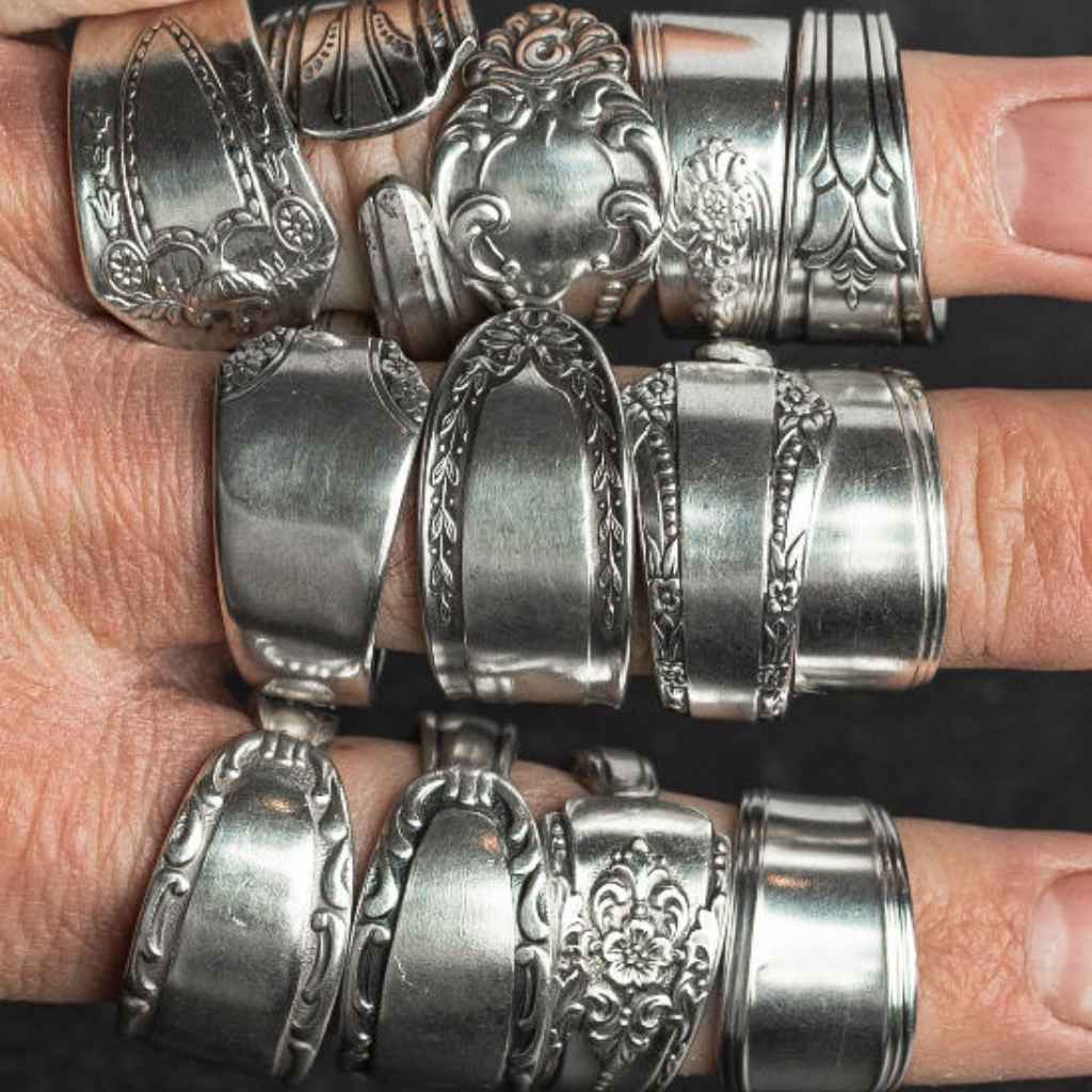 Silver plate Spoon rings made of reclaimed vintage cutlery. Sourced and hand-crafted in the USA by The Junk Girls. Each piece is unique!