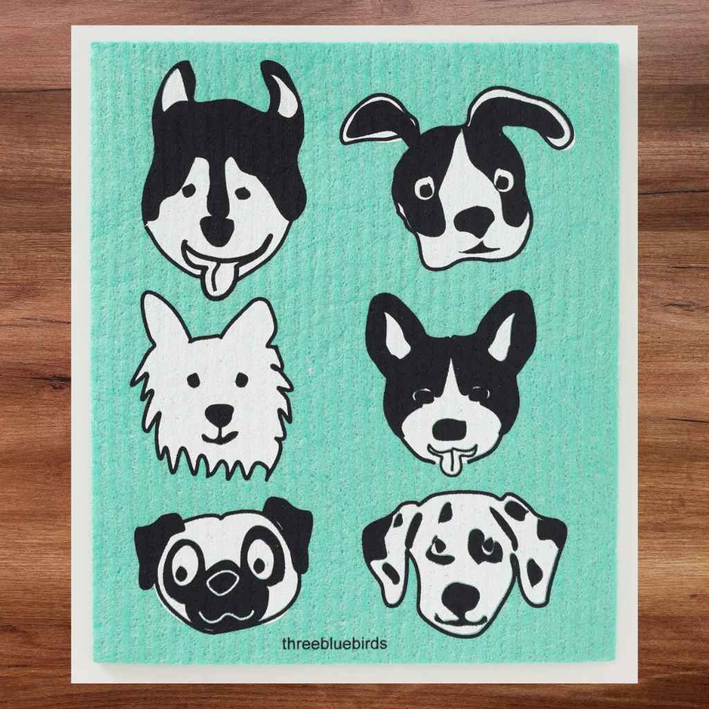 Green Swedish Dishcloth with Black and White Dogs Pattern Front Side Eco-Friendly