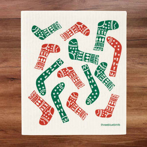 Swedish Dishcloth with red and green Christmas stockings design on white