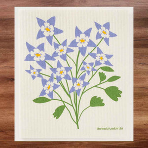 White Swedish Dishcloth with Columbine Flower Pattern Eco-Friendly