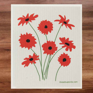 White Swedish Dishcloth with Red Gerbera Daisies Pattern Eco-Friendly