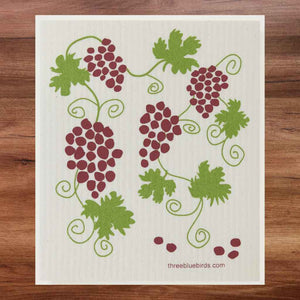 White Swedish Dishcloth with Grape Bunches and Vines Pattern Eco-Friendly